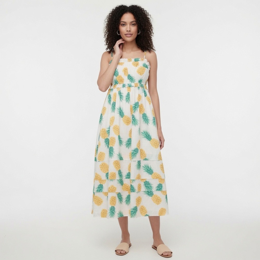 J.Crew Pineapple Print Cotton Maxi Dress White Yellow Size 2 Tropical Sundress